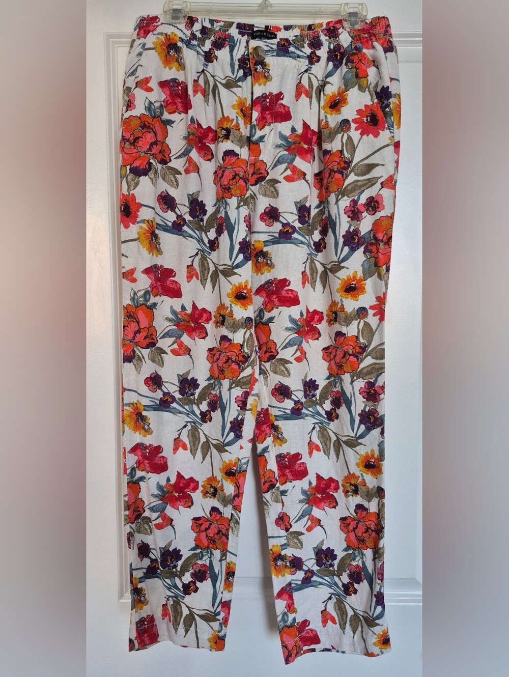 Wide Leg Floral Print Pants - White with Red & Orange Flowers